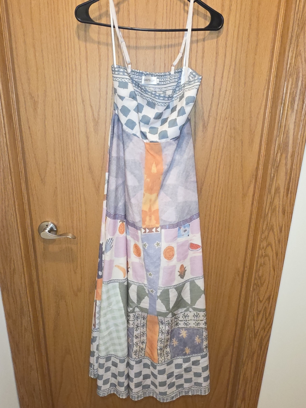 Santella Amalfi Patchwork Print Spaghetti-Strap Maxi Dress in Orange & Blue